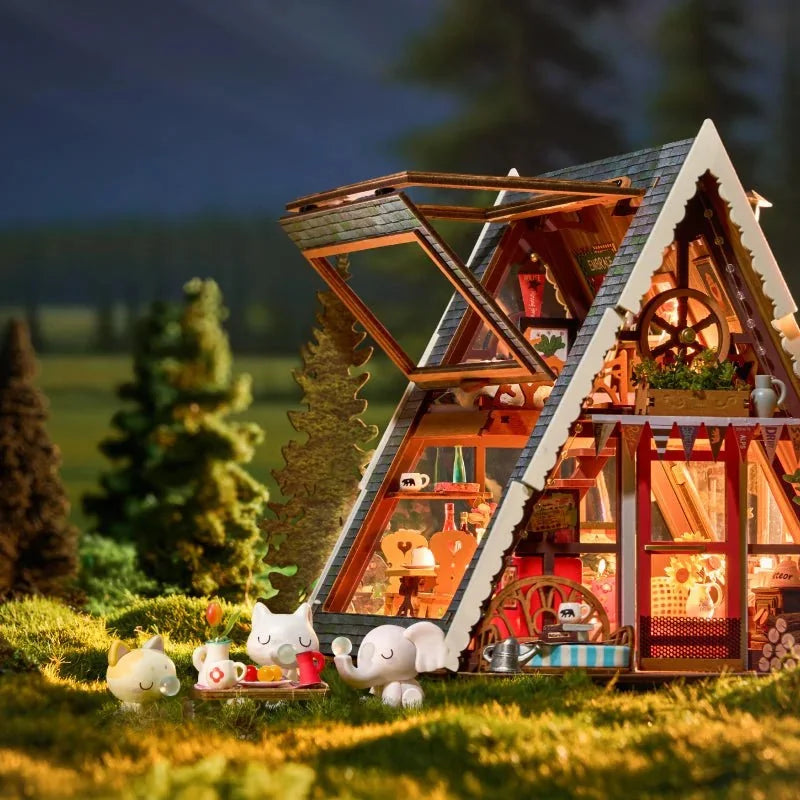 A-Frame Cabin Book Nook - lit at night