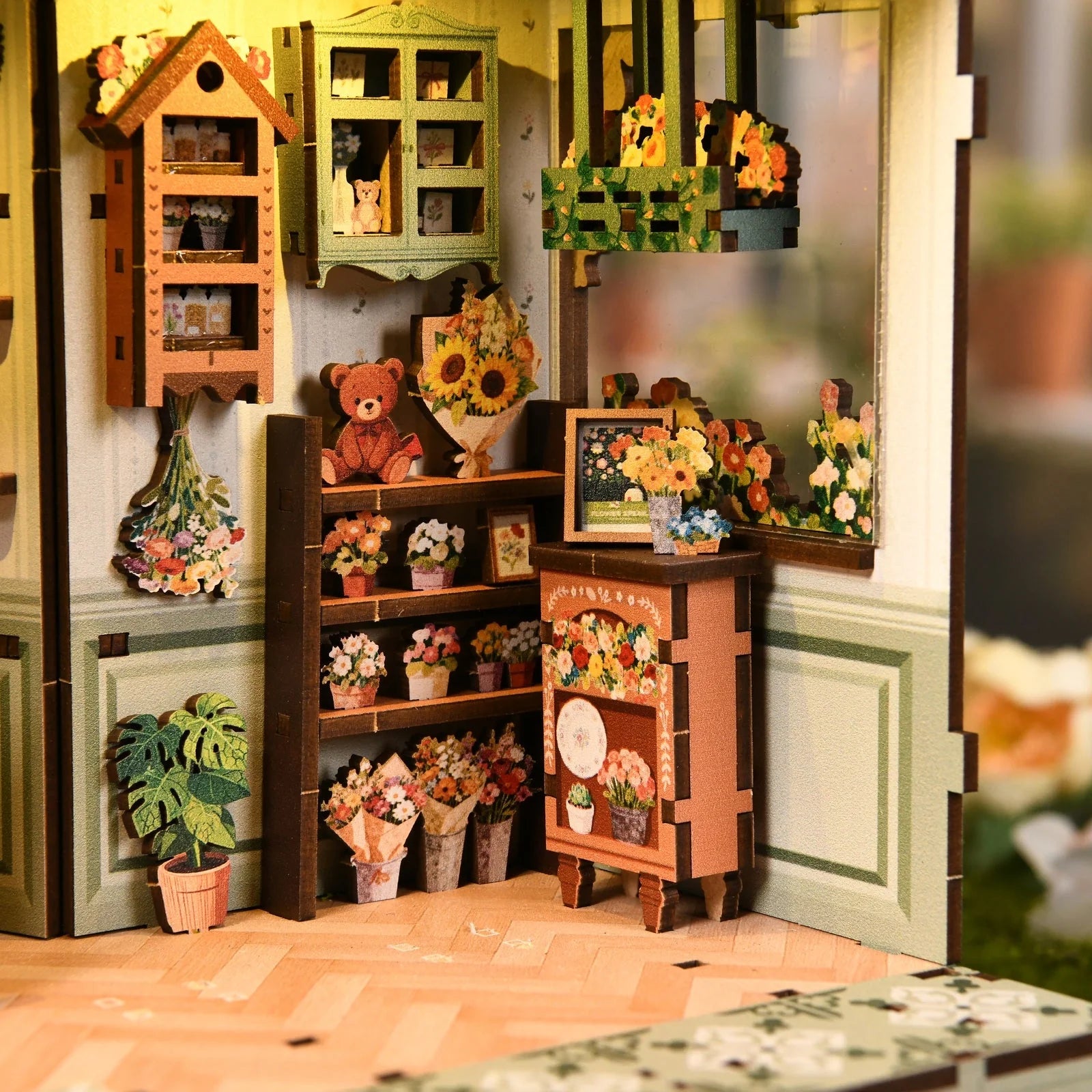 Aura Verde Flower Room Miniature House - shop shelves
