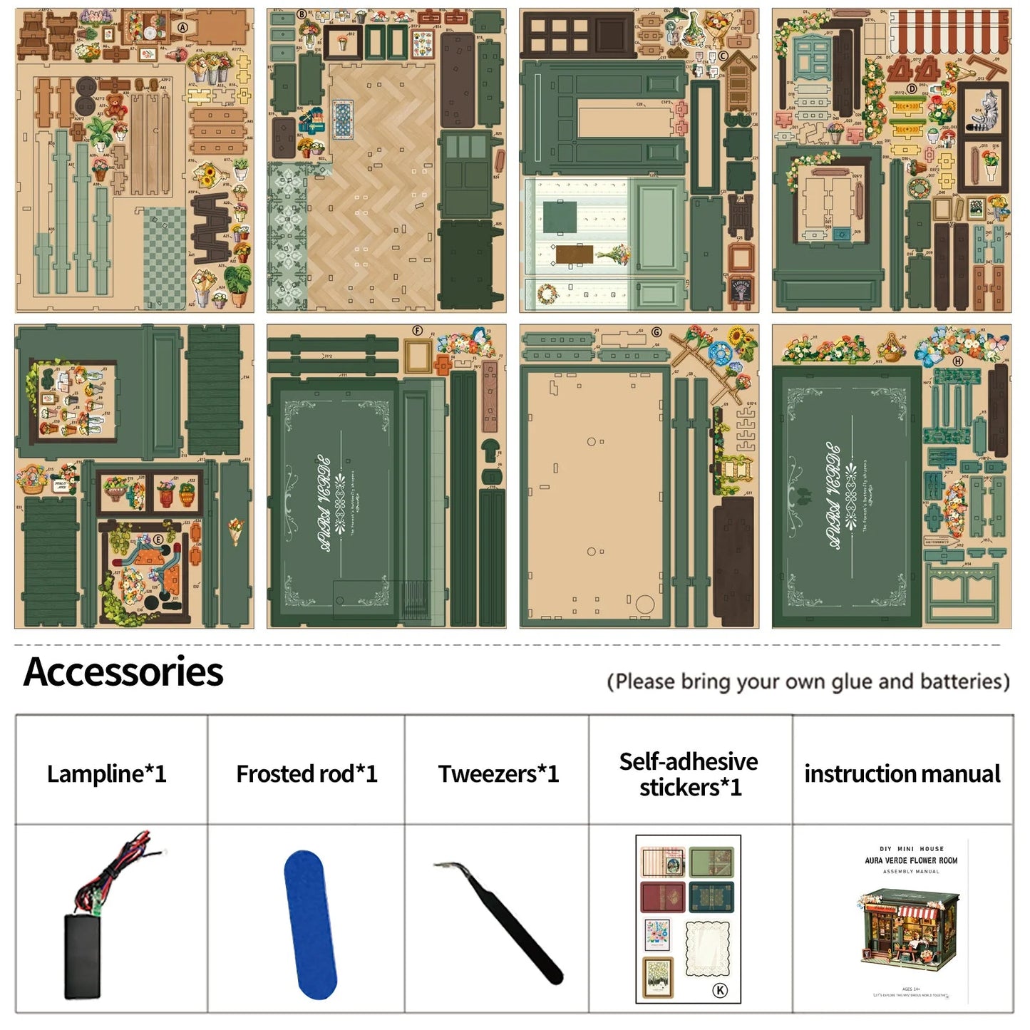 Aura Verde Flower Room Miniature House - kit contents