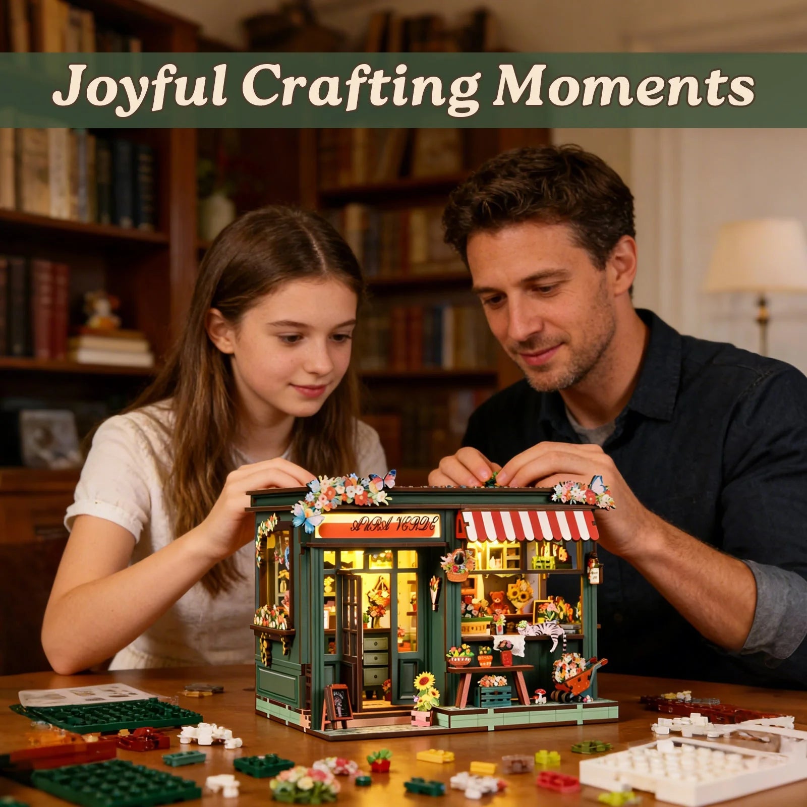 Aura Verde Flower Room Miniature House - with two builders