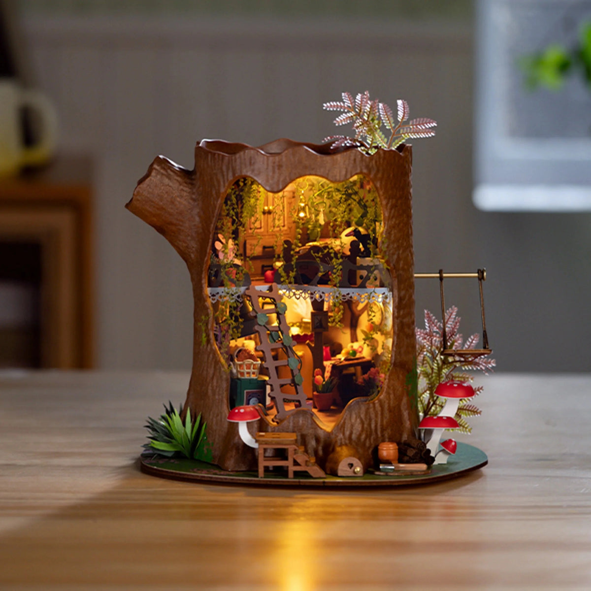 Fairytale Tree House Book Nook - lit on a table