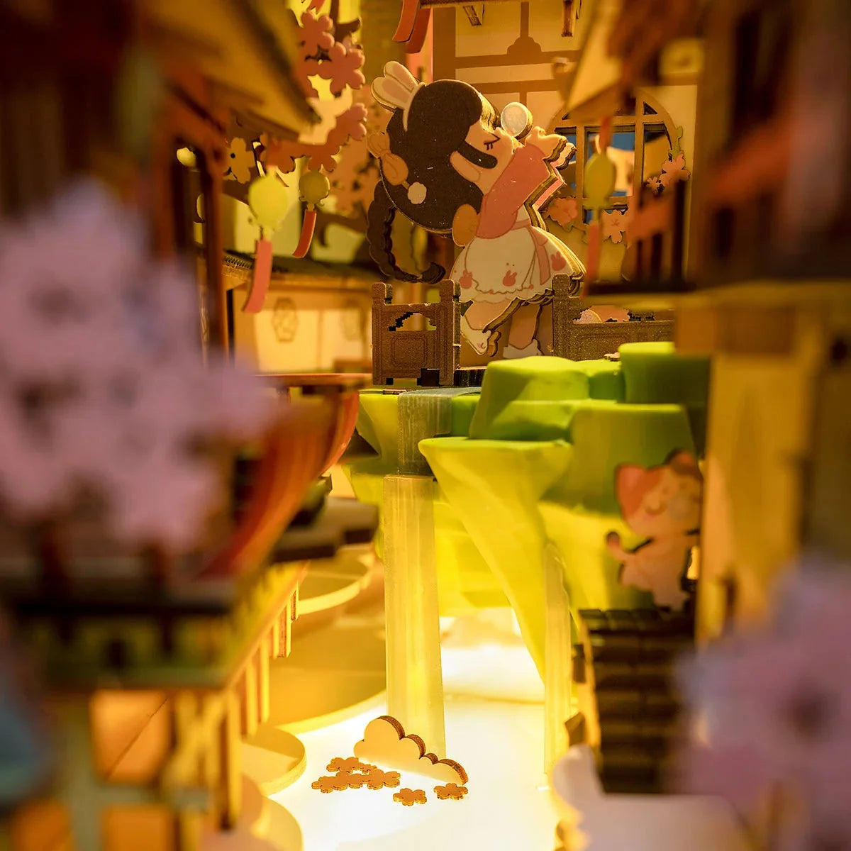 Falling Sakura Book Nook - footbridge and waterfall