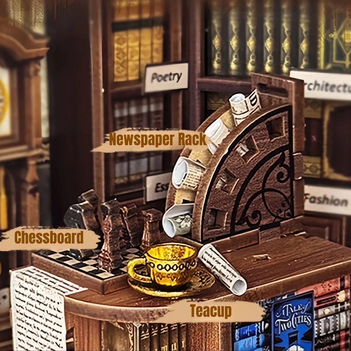 Hoggor Bookstore Book Nook - chessboard and teacup