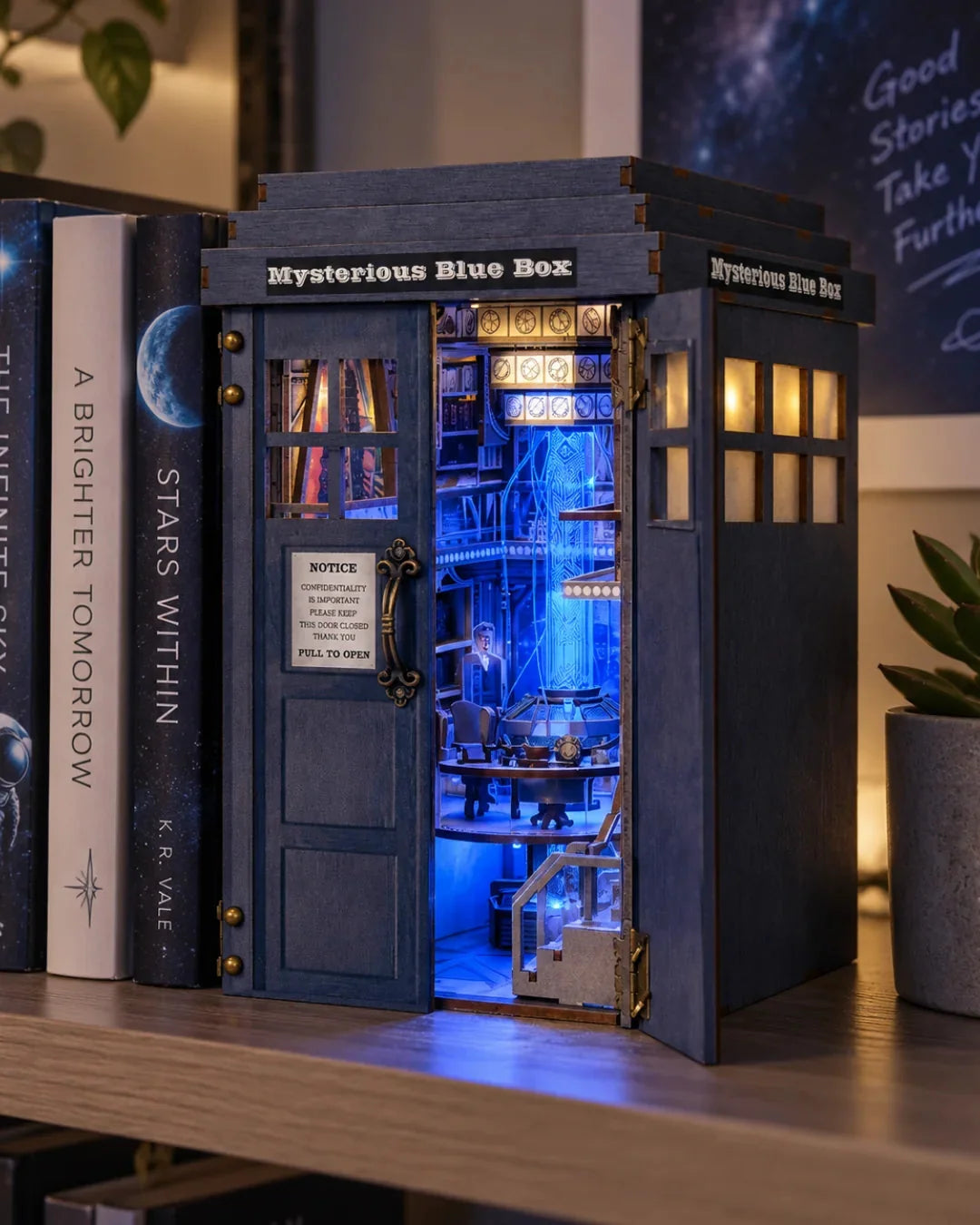 Mysterious Blue Box Book Nook - on a shelf